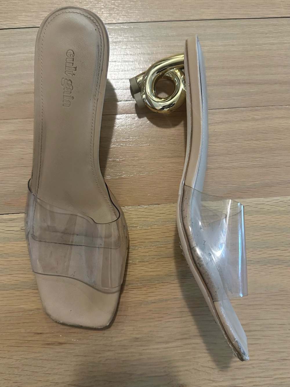 cult gaia clear strap nude slides with sculpted gold heel